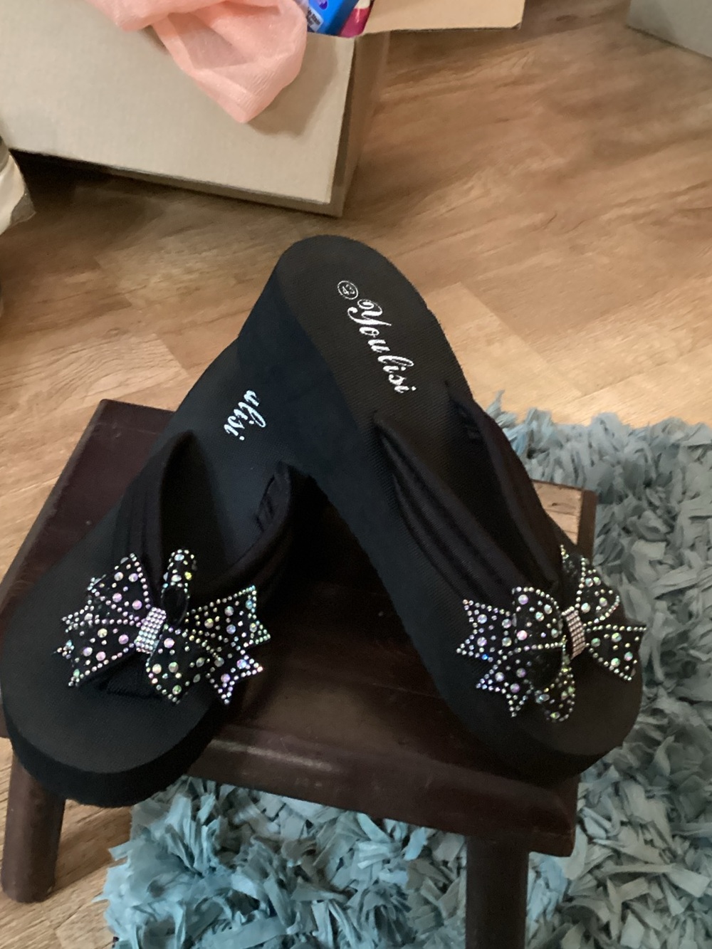 New - Womens Black Wedge Flip Flop Sandals with Rhinestone Bow - Size 11